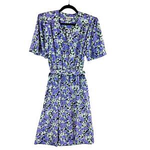 Vintage J.B. Too Womans Sz 8 Dress Floral Button Short Sleeve Belted Purple